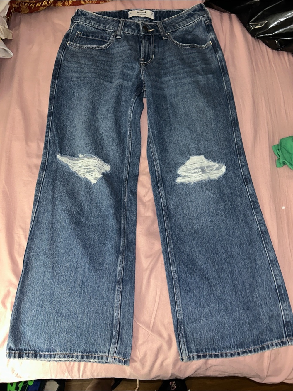 Hollister Men's Bootcut Jeans in Medium Blue with Distressed Knees